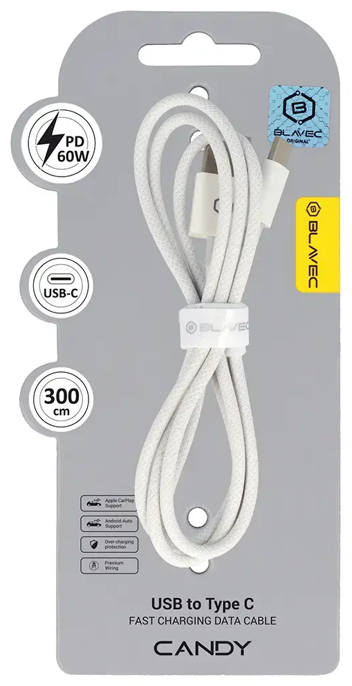 Blavec Candy CCA-UC3W30 datu pārraides un uzlādes vads | USB-A uz USB-C | PD | 60W | 3m | balts