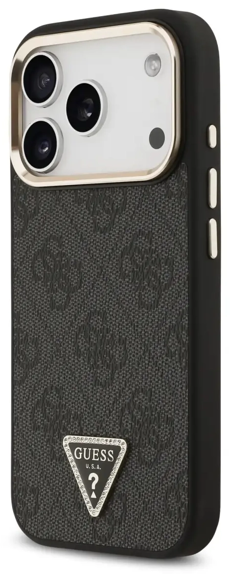 Guess PU Leather 4G Strass Triangle Logo Gold Frame MagSafe Case for iPhone 17 Pro Black