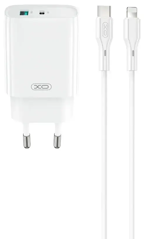 XO CE30 reisilaadija | 30W | PD, QC | USB-C, USB-A | USB-C kuni Lightning kaabliga komplektis | valge