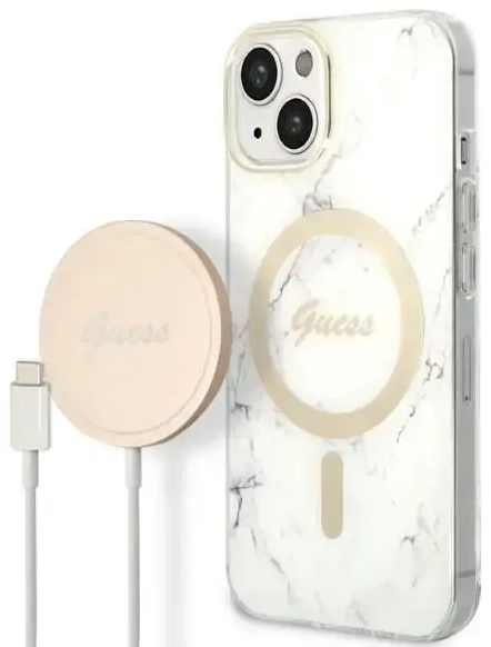 Zestaw Guess GUBPP14MHMEACSH Case+ Charger iPhone 14 Plus 6,7" biały|white hard case Marble MagSafe