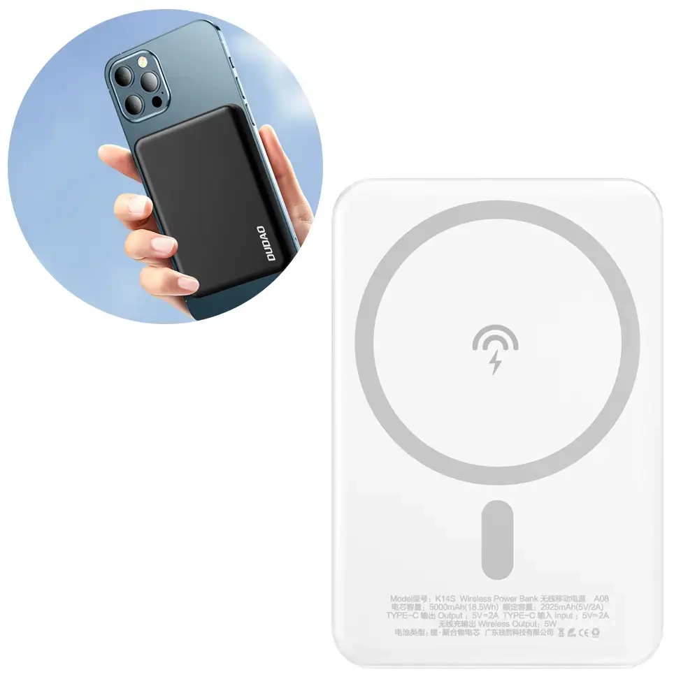 Dudao K14S ārējais akumulators (powerbank) | 5000 mAh | 10W | USB-C, Micro USB, MagSafe | balts