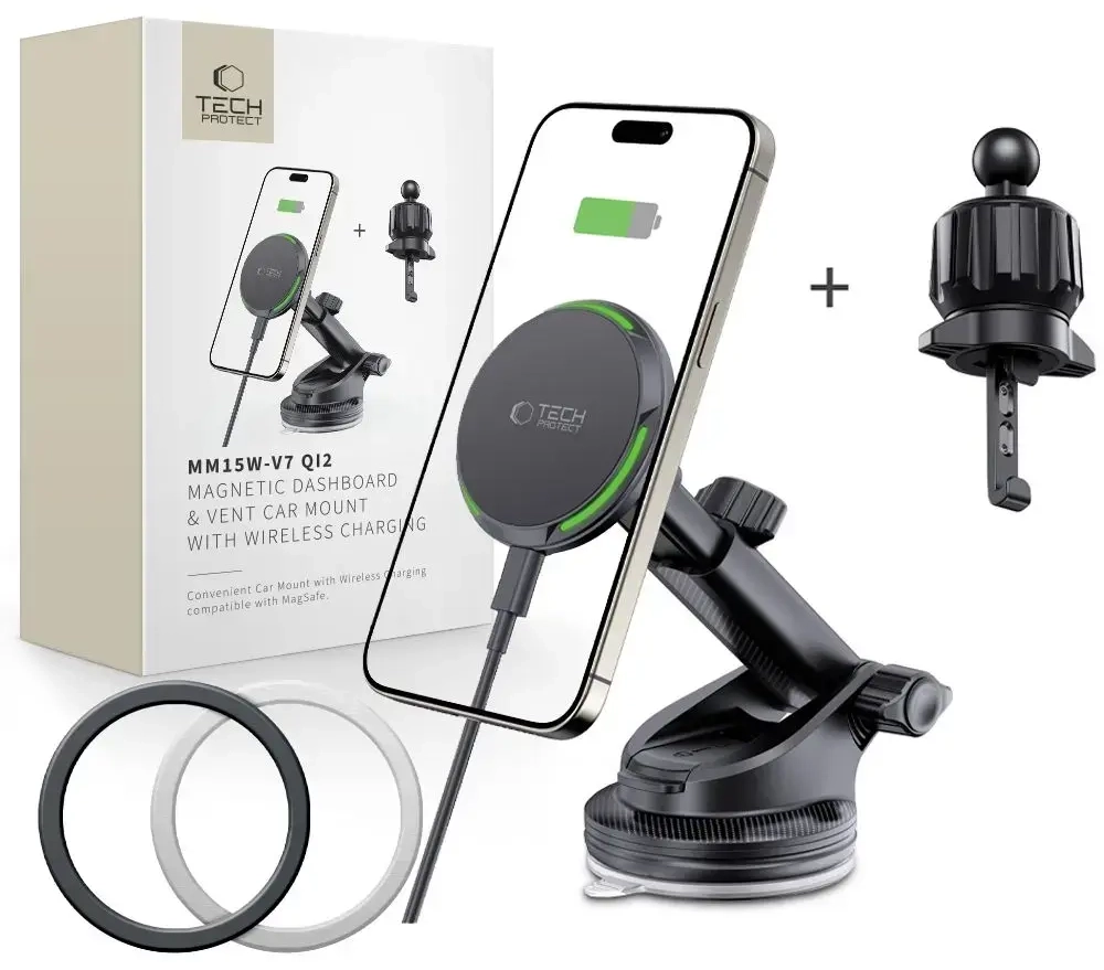TECH-PROTECT MM15W-V7 QI2 MAGNETIC MAGSAFE DASHBOARD & VENT CAR MOUNT WIRELESS CHARGER 15W BLACK