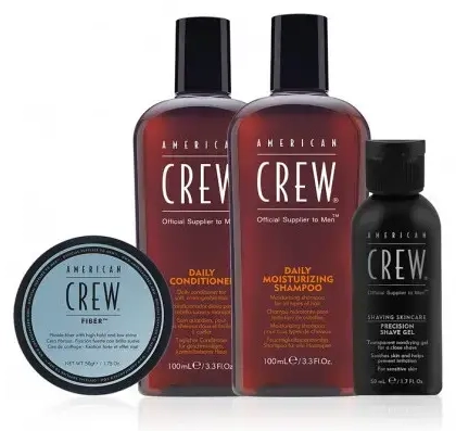 Essential Set American Crew: Daily, Hair Conditioner, For Moisturizing, 100 ml + Daily, Hair Shampoo, For Hydration, 100 ml + Fiber, Hair Styling Pomade, For Styling, Strong Hold, 50 ml + Precision, Soothing, Shaving Gel, 50 ml