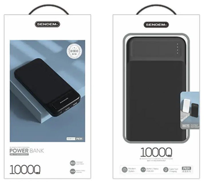SENDEM PK91 ārējais akumulators (powerbank) | 10000 mAh | 10.5W | Micro USB, USB-C, USB-A | melns