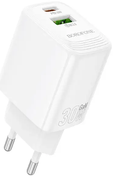 Borofone BN29 Fuente kelioninis įkroviklis | 30W | PD, QC, PPS | USB-C, USB-A | baltas