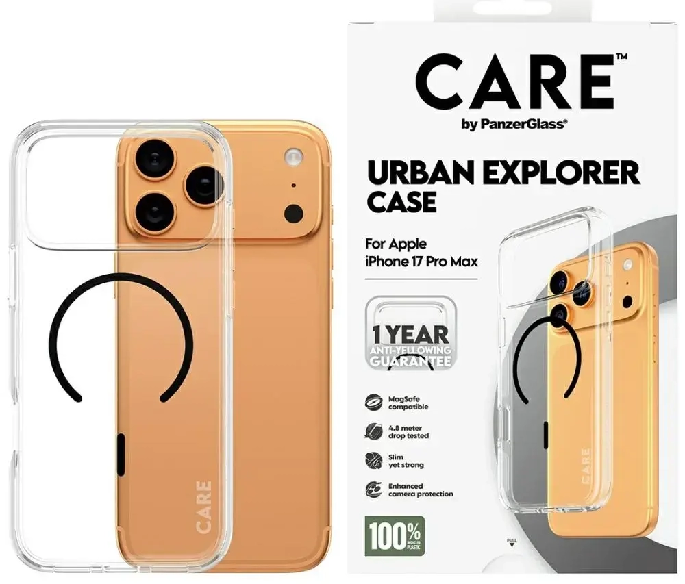 Case CARE by PanzerGlass Flagship Urban Explorer w. Black MagSafe for iPhone 17 Pro Max transparent