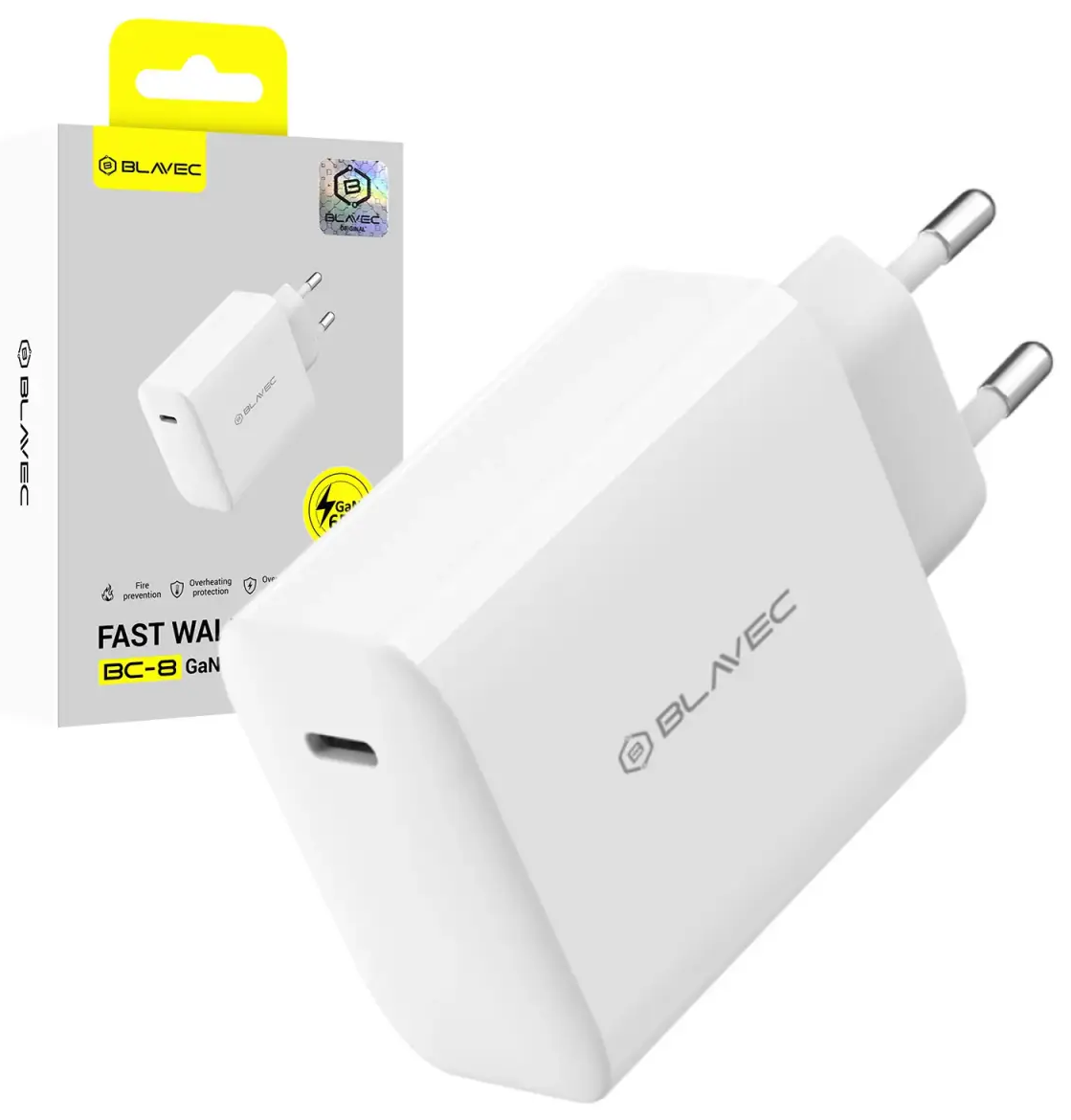 Blavec BC-8 tīkla lādētājs | 65W | PD, QC, GaN | USB-C | balts