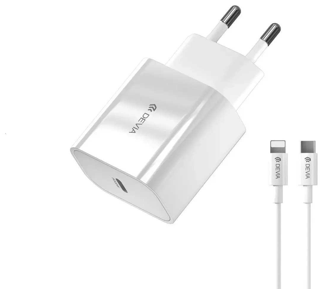 Devia Smart tīkla lādētājs | 20W | PD | USB-C | Lightning uz USB-C vads komplektā | balts