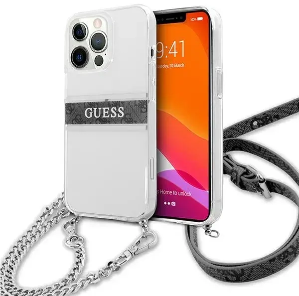 Guess GUHCP13LKC4GBSI iPhone 13 Pro | 13 6,1" Transparent hardcase 4G Grey Strap Silver Chain
