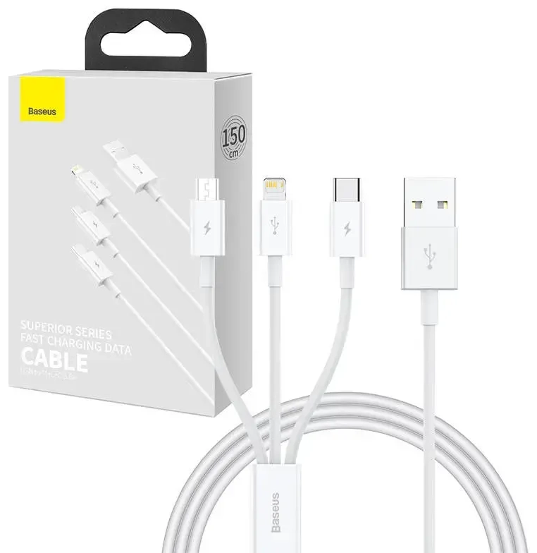 Baseus Superior Data 3-in-1 data transfer and charging cable | USB-A to Micro USB, Lightning, USB-C | QC | 17.5W | 1m | white