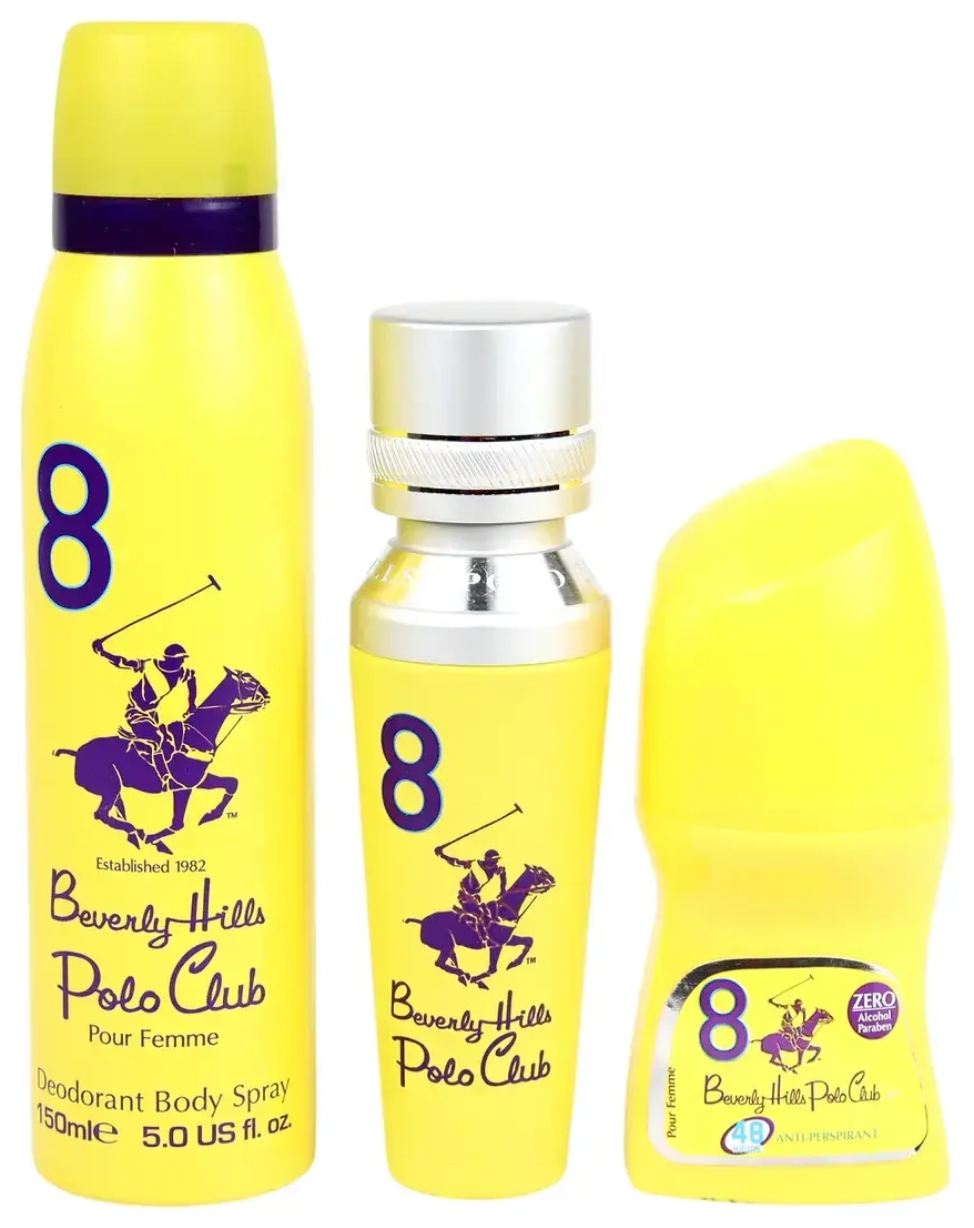 Beverly Hills Polo Club rinkinys: 1982 - Sport 8, parfumuotas vanduo, moterims, 50 ml + 1982 - Sport 8, gaiviklis, kūno purškiklis, 150 ml + No.8, antiperspirantas, rutulinis dezodorantas, moterims, 50 ml