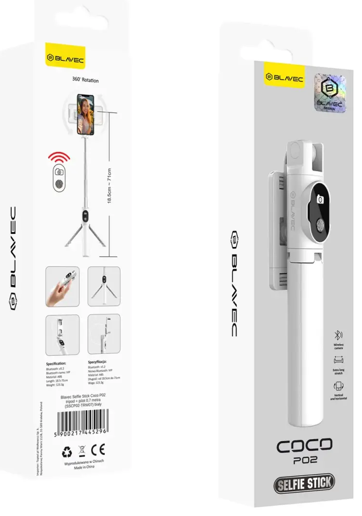 Blavec Selfie Stick Coco P-02 tripod + remote control 0,7 metres (SSCP02-TRW07) white