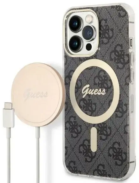 Zestaw Guess GUBPP13XH4EACSK Case+ Charger iPhone 13 Pro Max czarny|black hard case 4G Print MagSafe