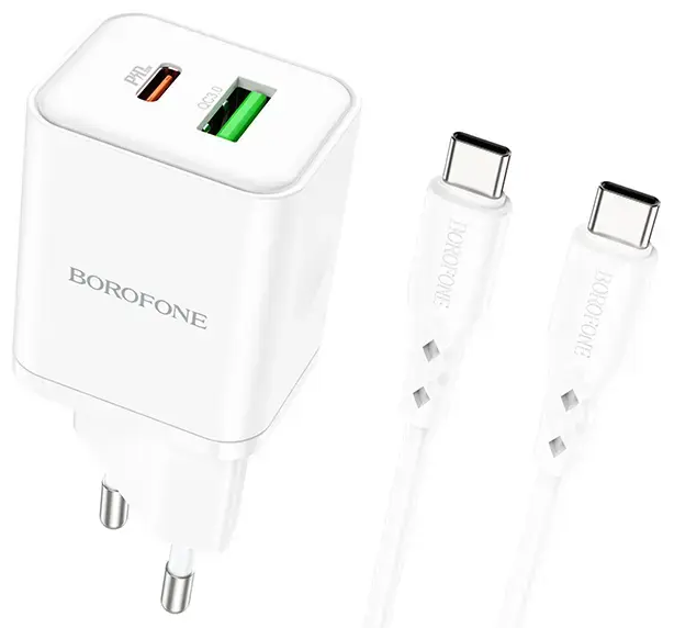 Borofone BN7 reisilaadija | 20W | PD, QC | USB-A, USB-C | USB-C kuni USB-C kaabliga komplektis | valge