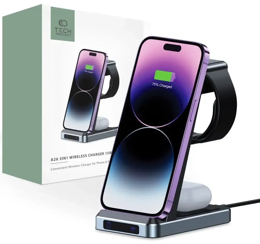 Tech-Protect QI15W-A26 беспроводная зарядка 3-в-1 | Qi | 15W | чёрная
