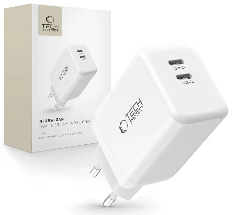 TECH-PROTECT NC45W tīkla lādētājs | 45W | GaN, PD | USB-C | balts