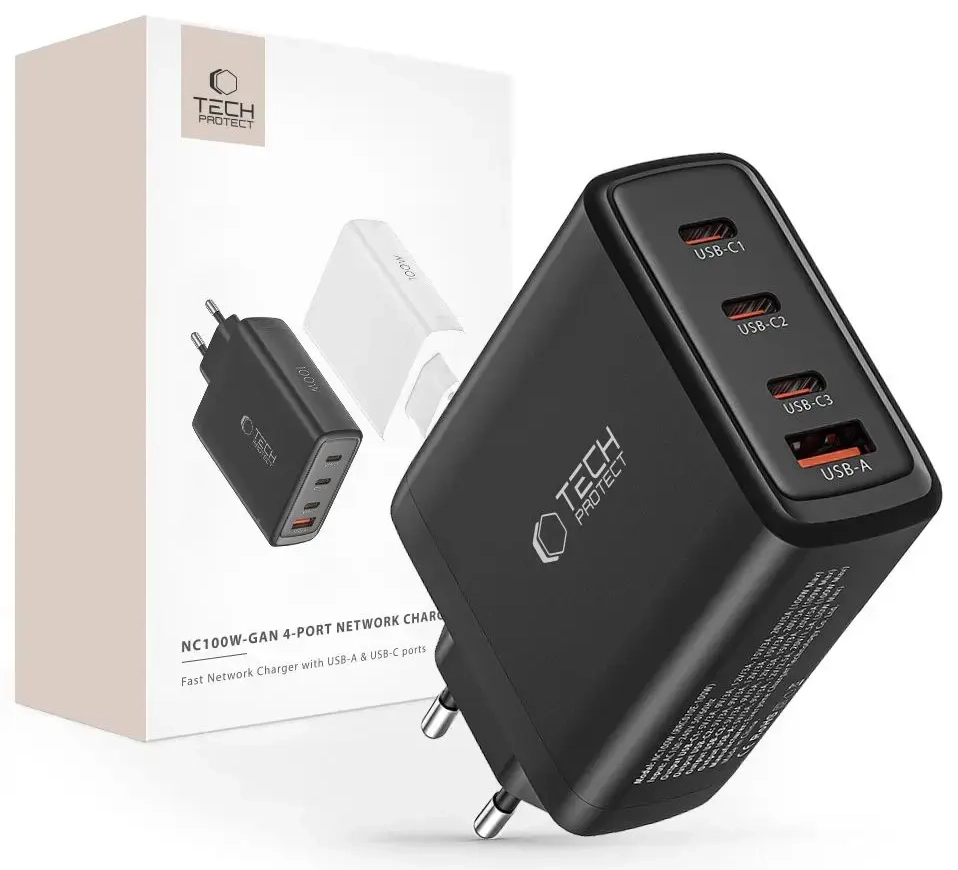Tech-Protect NC100W-GAN tīkla lādētājs | 100W | GaN, PD, QC 3.0 | USB-C, USB-A | melns