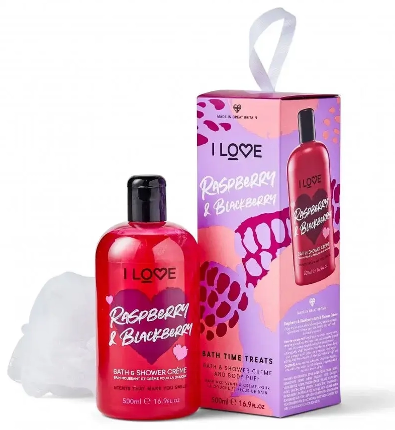 Komplekt I Love: Raspberry & Blackberry, Niisutav, Dušigeel, Kõikidele nahatüüpidele, 500 ml + I Love, Kehakäsn