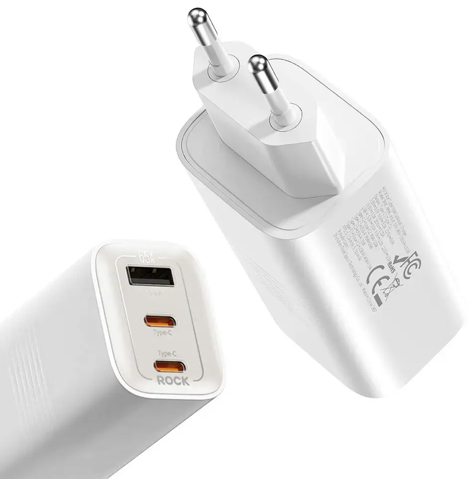 Rock Ice2Cube tīkla lādētājs | 65W | PD, QC, GaN | USB-A, USB-C | balts
