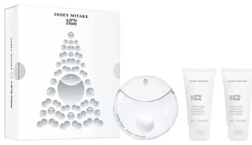 Kalėdinis rinkinys 2023 Issey Miyake: A Drop d'Issey, drėkinamasis rankų kremas, 2 vnt., 50 ml + A Drop d'Issey, kvapusis vanduo (EDP), moterims, 50 ml