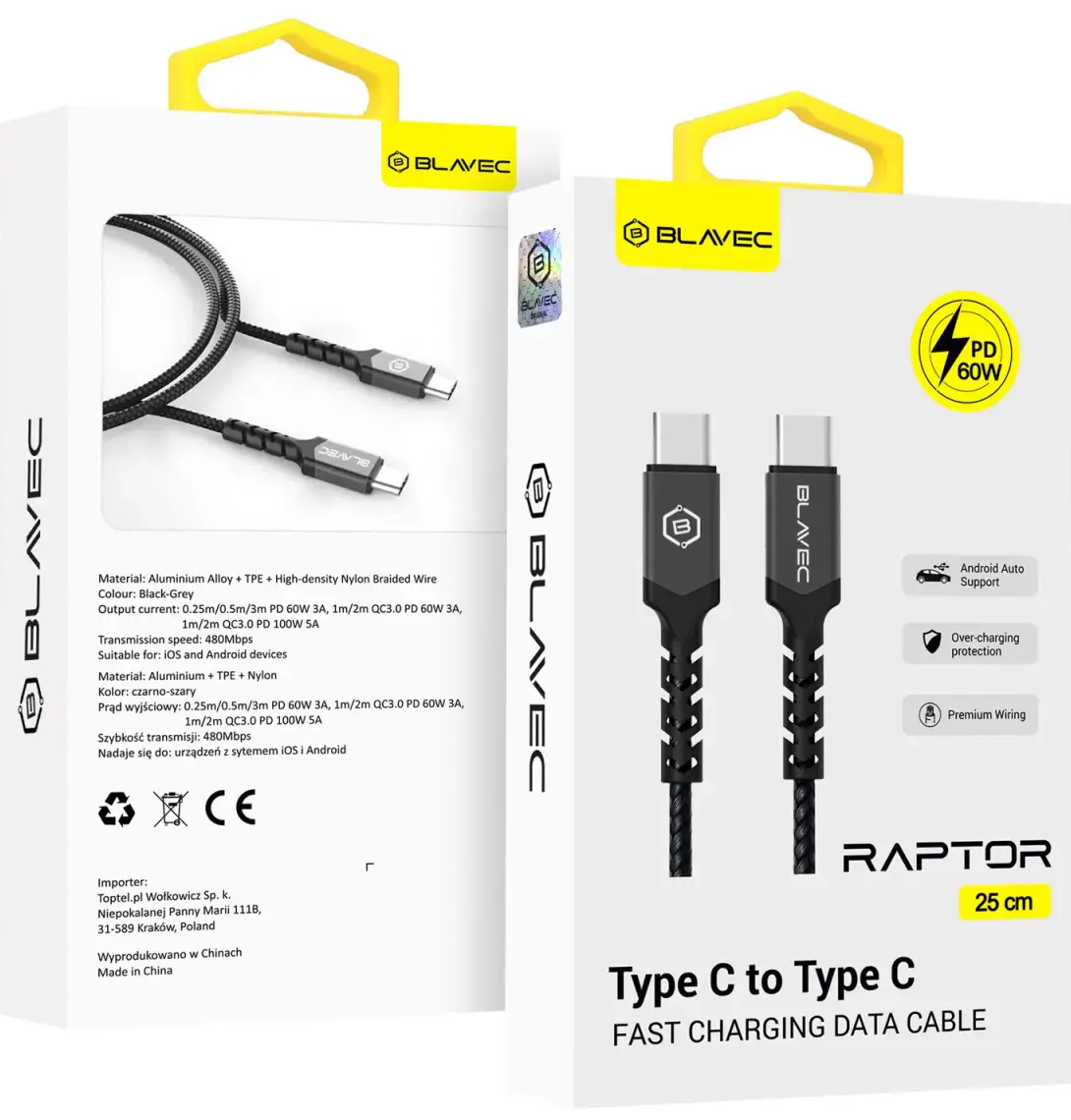 Blavec Raptor CRA-CC3BG025 datu pārraides un uzlādes vads | USB-C uz USB-C | PD | 60W | 0.25m | melns, pelēks