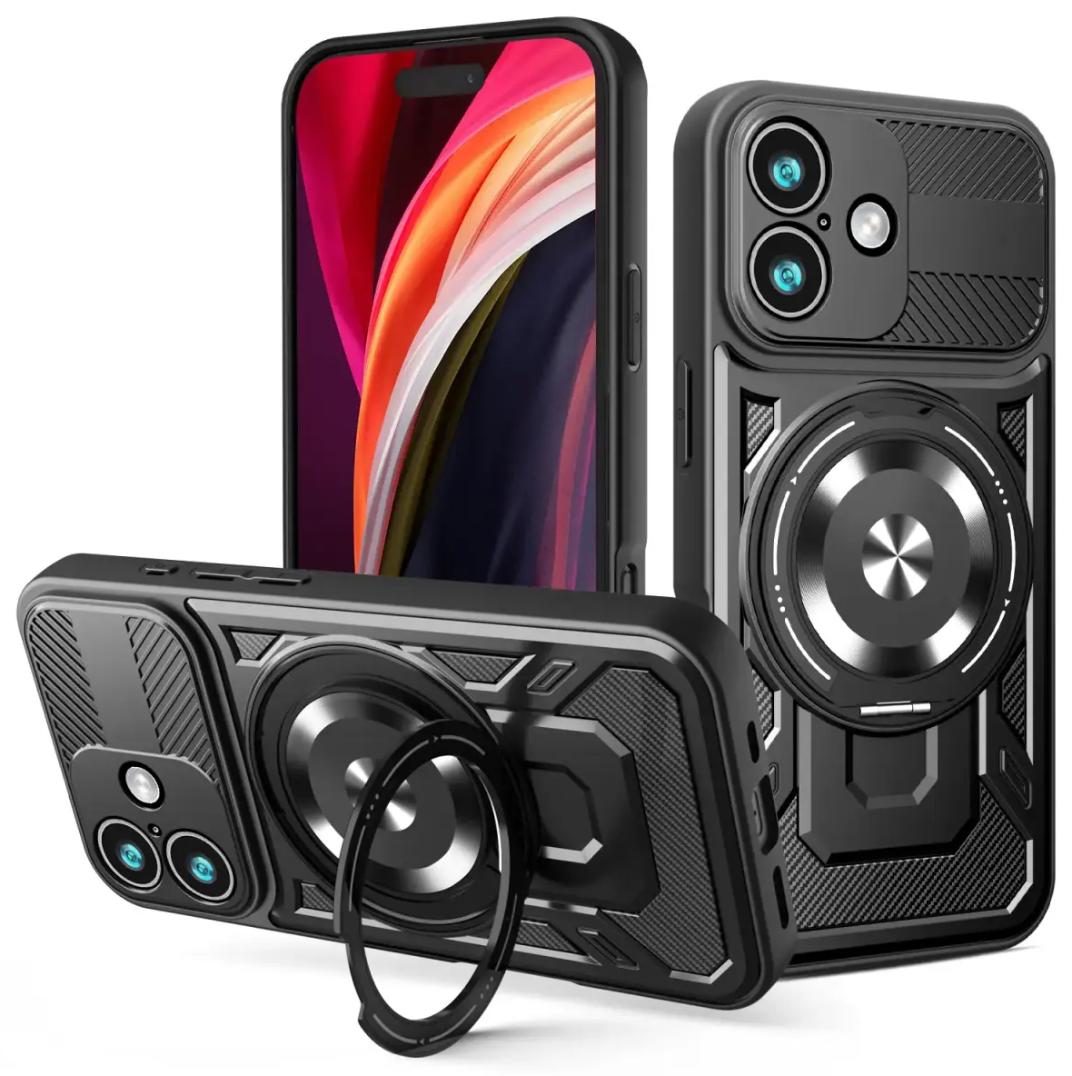 Defender Armor Mag maciņš ar statīvu un MagSafe atbalstu telefonam iPhone 17 melns (ar kameras aizsargu)