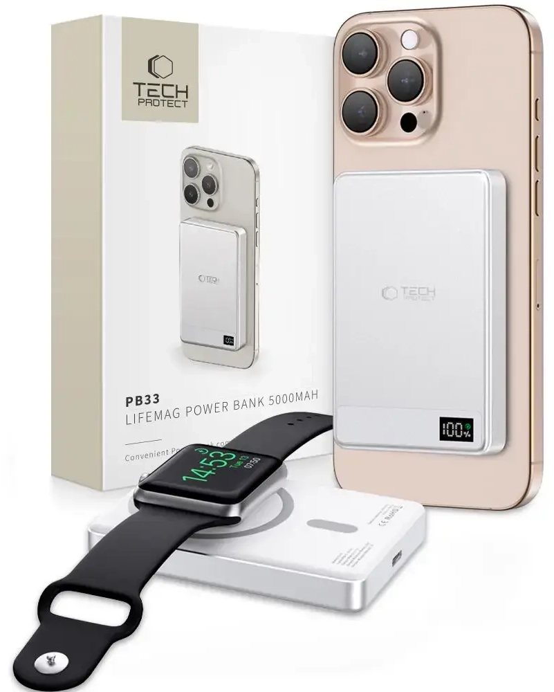 Tech-Protect PB33 LifeMag ārējais akumulators (powerbank) | 5000 mAh | 15W | USB-C, MagSafe | LED ekrāns | sudraba krāsā