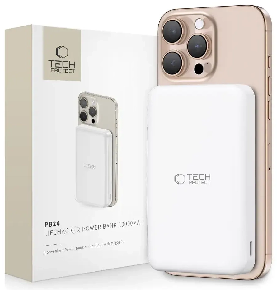 Tech-Protect PB24 LifeMag QI2 ārējais akumulators (powerbank) | 10000 mAh | 15W | USB-C, USB-A, MagSafe | balts