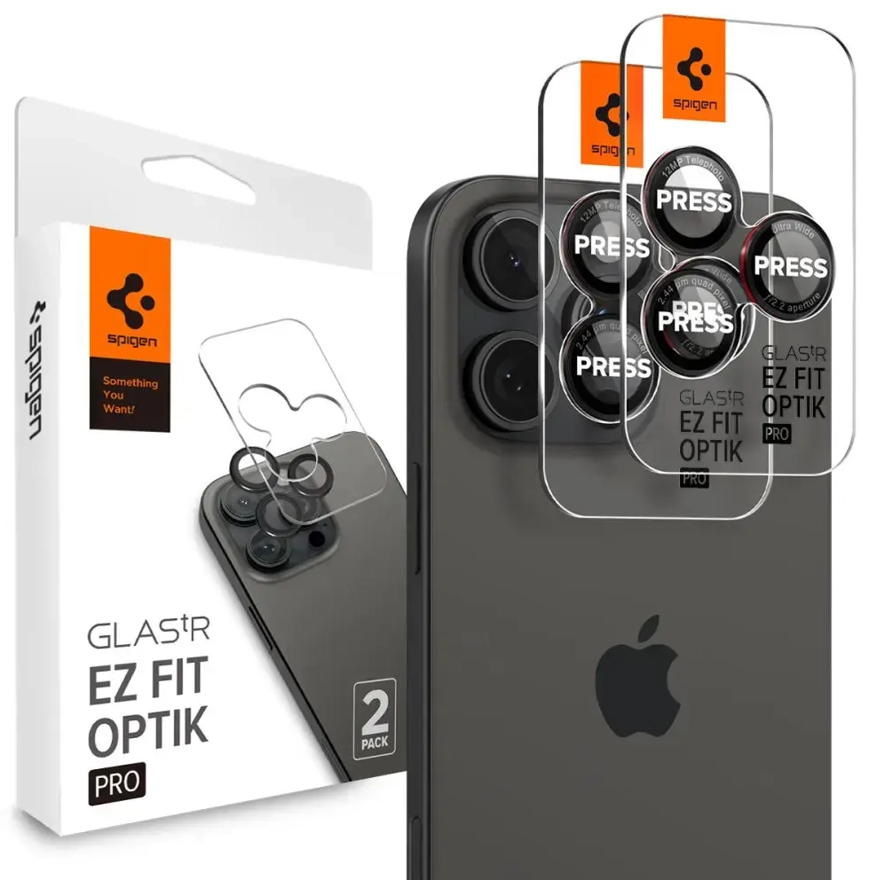 SPIGEN OPTIK PRO L-SERIES GLAS.TR "EZ FIT" KAMERAS AIZSARGS 2 GAB. IPHONE 14 PRO | PRO MAX | 15 PRO | PRO MAX | 16 PRO | 16 PRO MAX MELNS