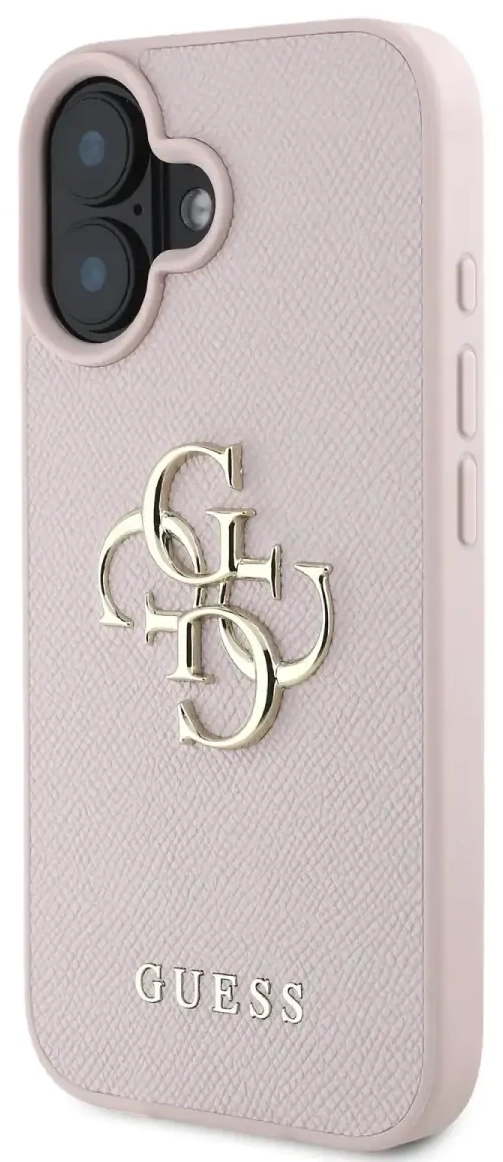 Guess PU Grained 4G Metal Logo Case for iPhone 16 Pink