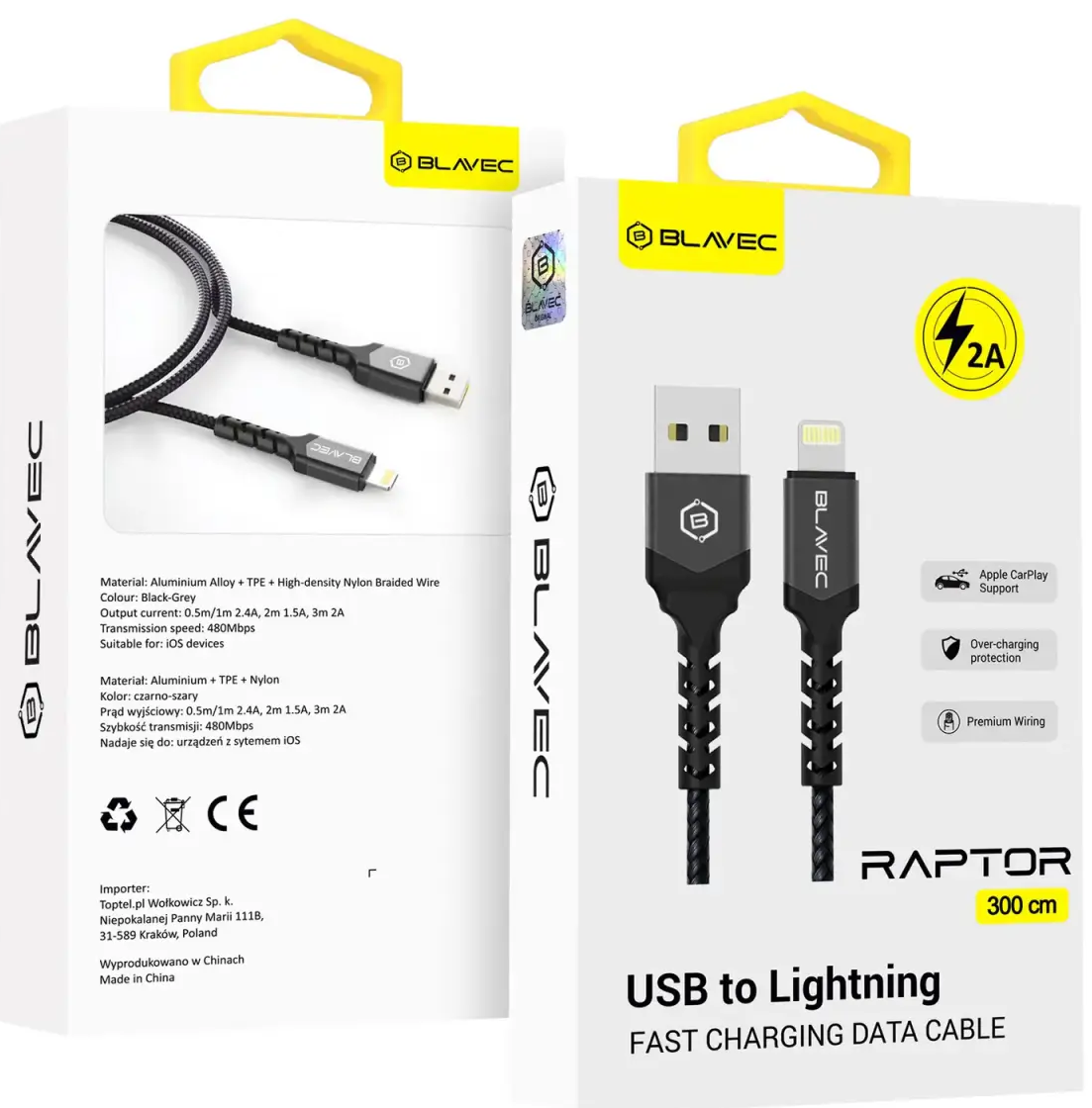Blavec Raptor CRA-UL2BG30 datu pārraides un uzlādes vads | USB-A uz Lightning | 10W | 3m | melns, pelēks