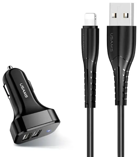USAMS C13 NTU35LC13TZ automašīnas lādētājs | 10.5W | USB-A, Lightning | ar Lightning vadu komplektā | melns