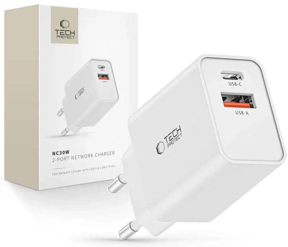 Tech-Protect NC30W travel charger | 30W | PD, QC3.0 | USB-C, USB-A | white