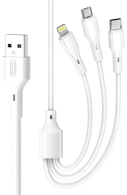 XO NB230 3-in-1 andmeedastus- ja laadimiskaabel | USB-A to Lightning, USB-C, Micro USB | 15W | 1m | valge