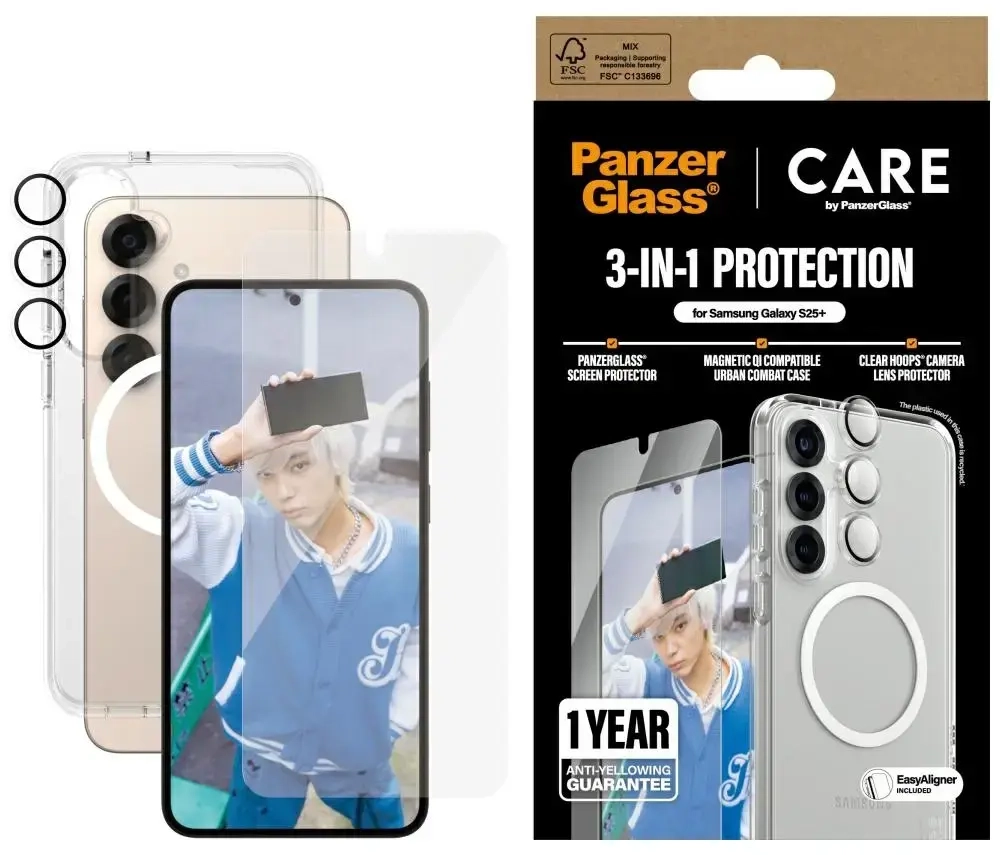 Kaitsekomplekt CARE by PanzerGlass Flagship 3-in-1 ümbris + klaas + objektiivikaitse Samsung Galaxy S25+ jaoks