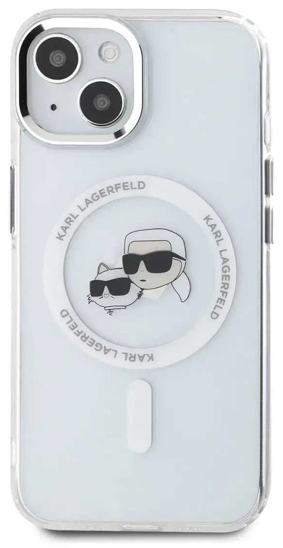 Karl Lagerfeld IML K&CH Heads Metal Frame MagSafe Case for iPhone 15 Transparent