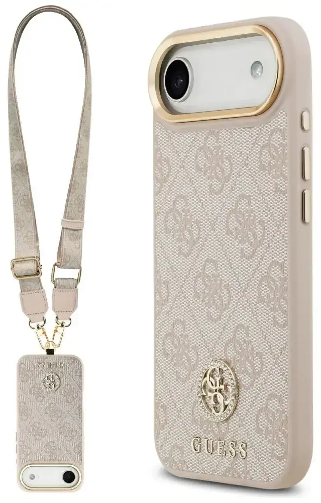 Guess 4G Strass Logo & Big Strap maciņš ar MagSafe atbalstu telefonam iPhone 17 Air rozā