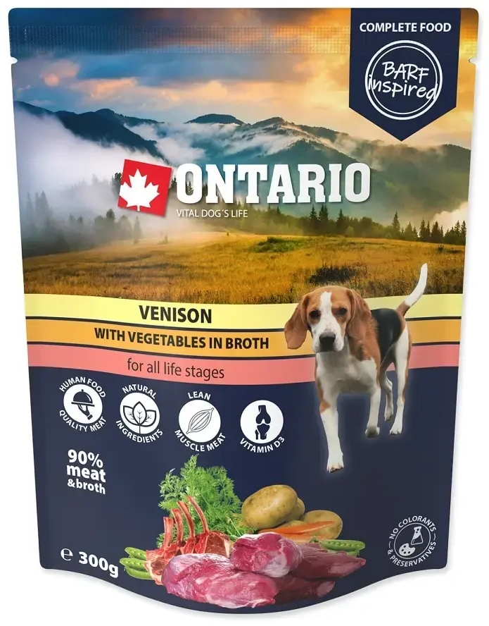 Konservi suņiem : Ontario Dog Venison with vegetables in broth, 300 g