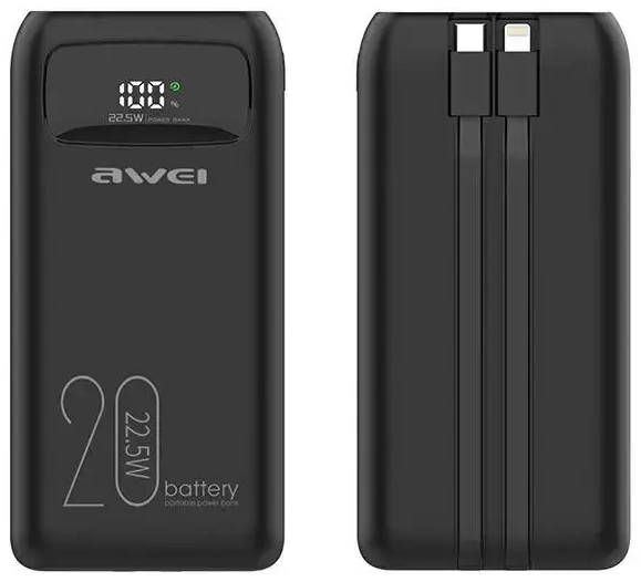 AWEI P169K ārējais akumulators (powerbank) | 20000 mAh | 22.5W | USB-C, Lightning | melns