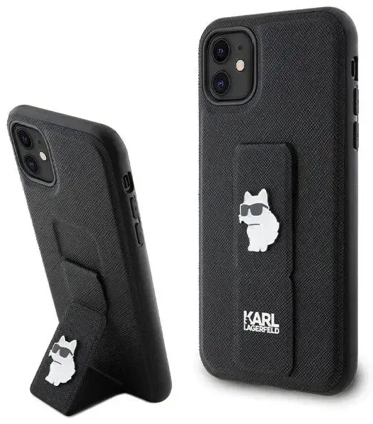Karl Lagerfeld Gripstand Saffiano Choupette Pins Case for iPhone 11 | Xr - Black