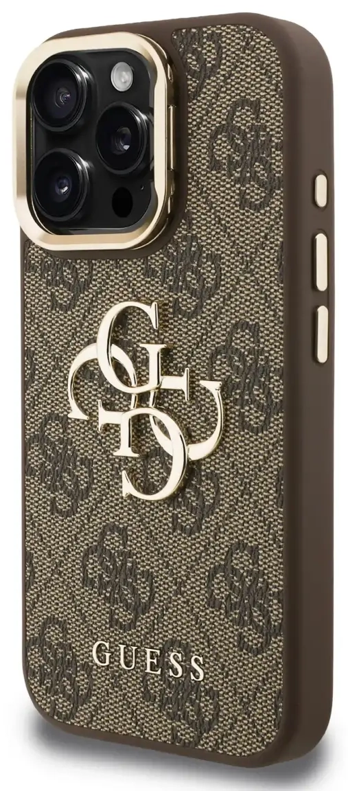Guess PU 4G Metal Logo Stand Camera Frame чехол для телефона iPhone 15 Pro коричневый