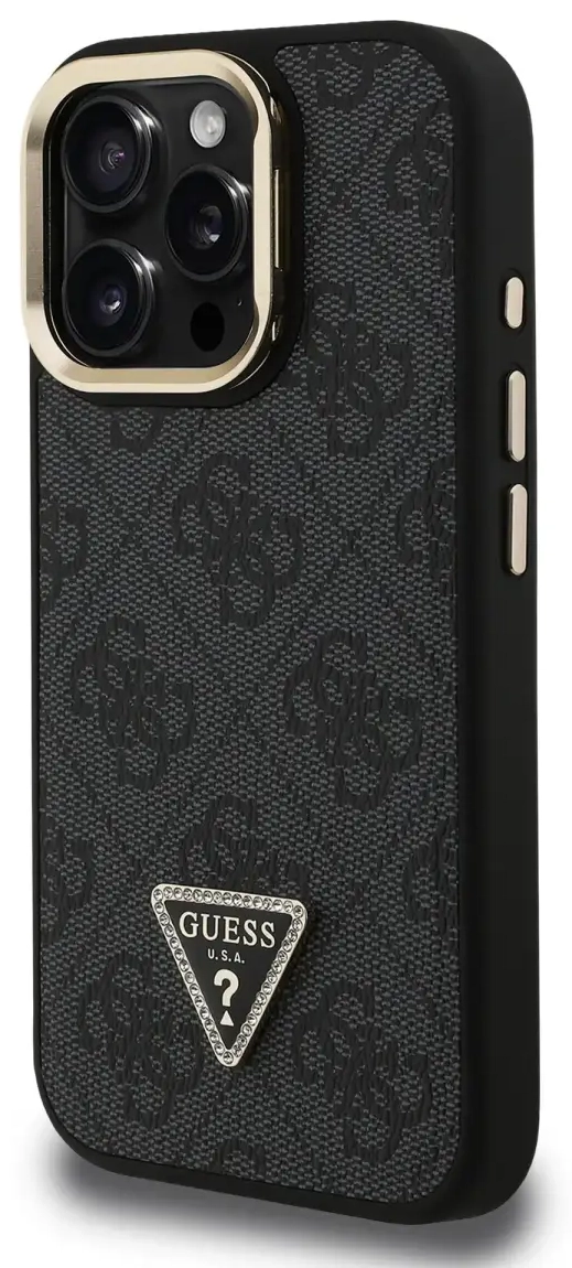 Guess PU 4G Strass Triangle Logo Stand Camera Frame MagSafe telefona maciņš iPhone 15 Pro Max melnā krāsā