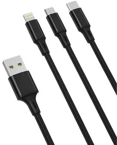 XO NB173 3-in-1 andmeedastus- ja laadimiskaabel | USB-A kuni Lightning, Micro USB, USB-C | 12W | 1.2m