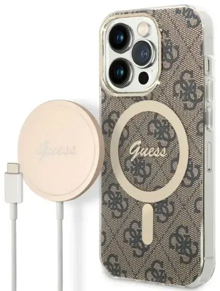 Zestaw Guess GUBPP14LH4EACSW Case+ Charger iPhone 14 Pro 6,1" brązowy|brown hard case 4G Print MagSafe