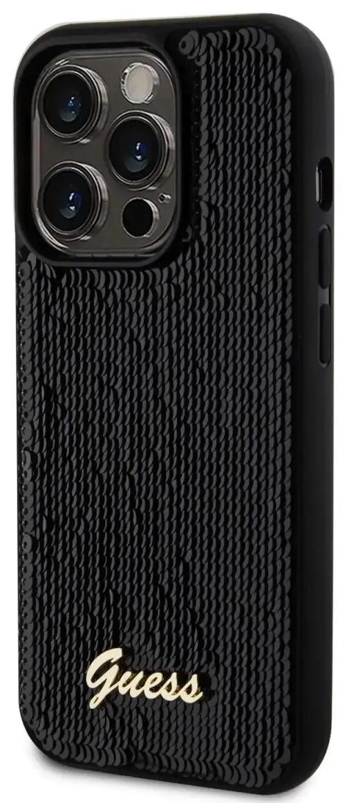 Guess Sequin Script Logo ümbris iPhone 14 Pro Max jaoks, must