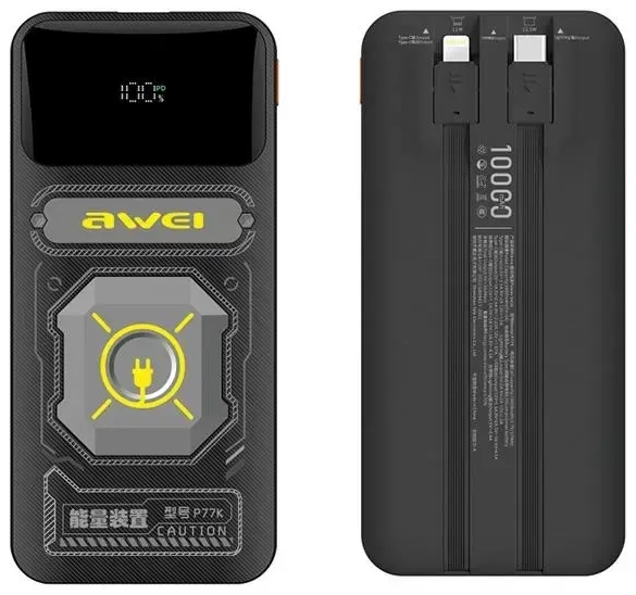 AWEI P77K ārējais akumulators (powerbank) | 10000 mAh | 22.5W | Lightning, USB-C | melns