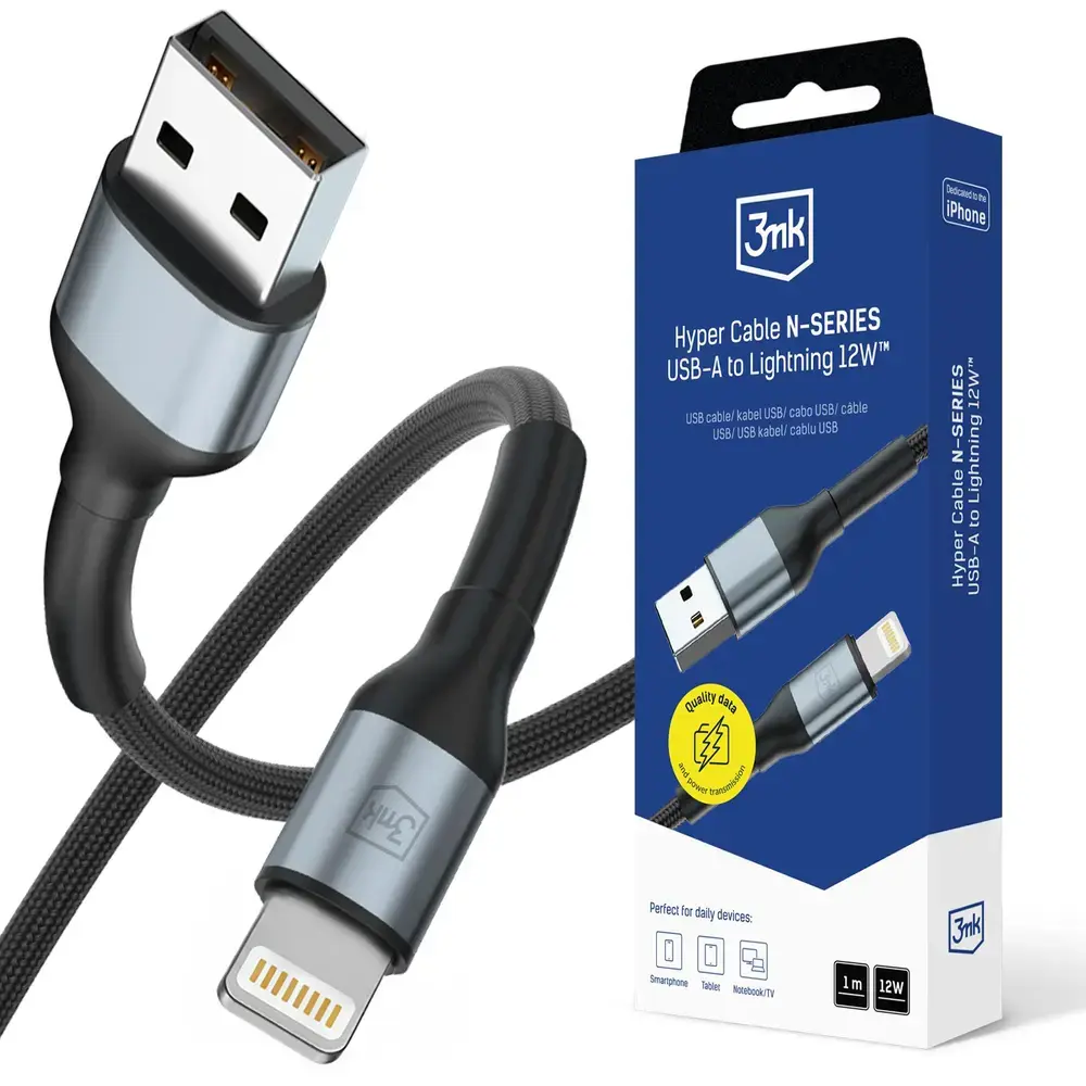 3mk Hyper N-SERIES andmeedastus- ja laadimiskaabel | USB-A kuni Lightning | 12W | 1m | must