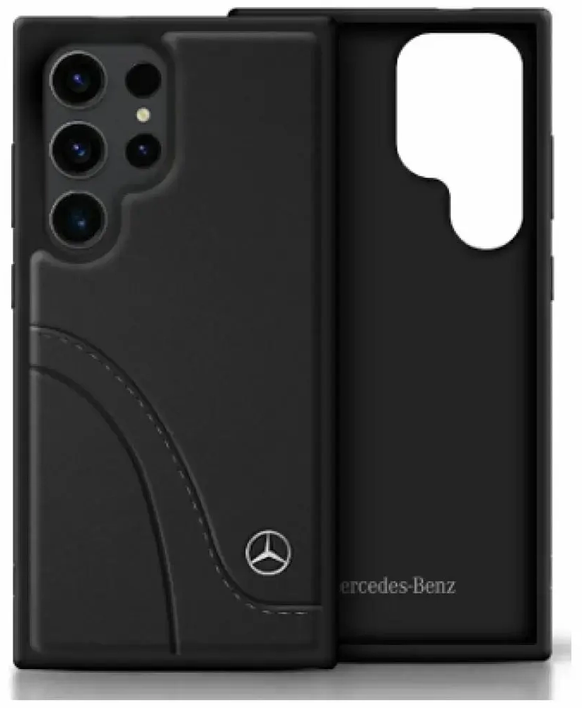 Mercedes Leather Curved Stitches dėklas Samsung Galaxy S25 Ultra telefonui, juodas