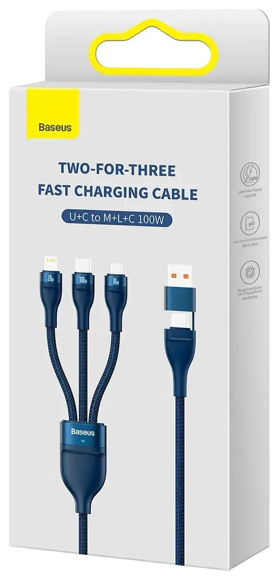 Baseus Flash Series II 3-in-1 data transfer and charging cable | USB-A to USB-C, Lightning, Micro USB | 100W | 1.2m | blue