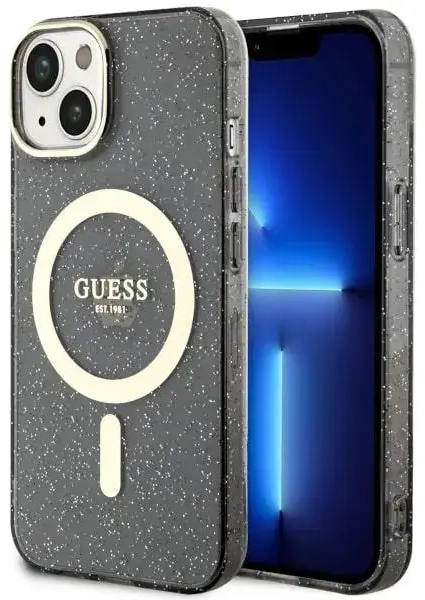 Guess GUHMP14SHCMCGK iPhone 14 6.1" czarny|black hardcase Glitter Gold MagSafe